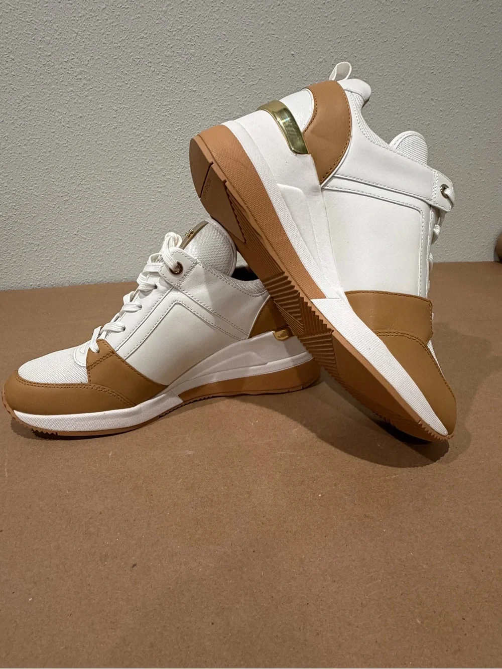 NEW! Michael Kors White and Camel Wedge Lace-Up Sneakers - Size 8